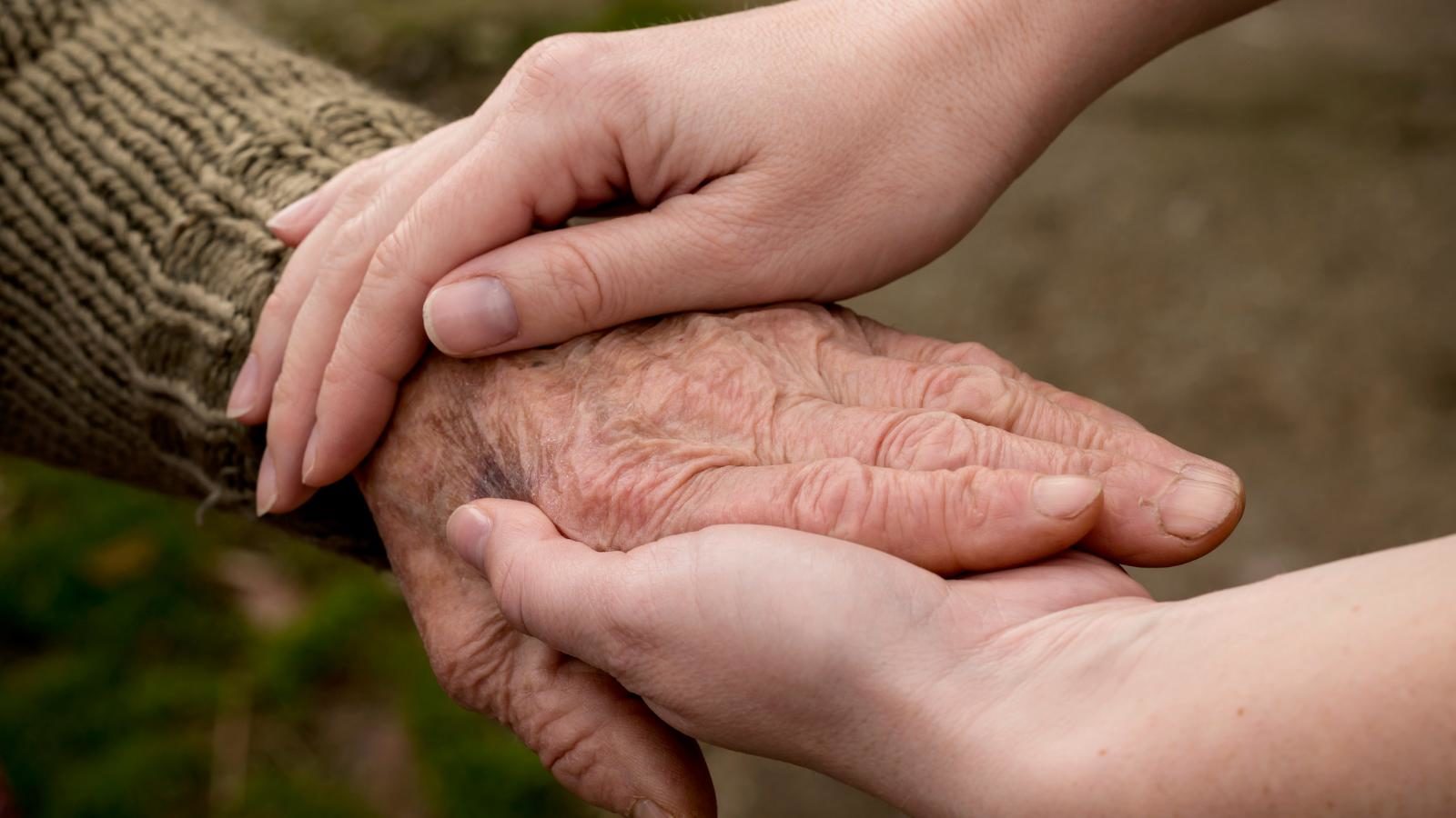Carer holding an elderly patients hand